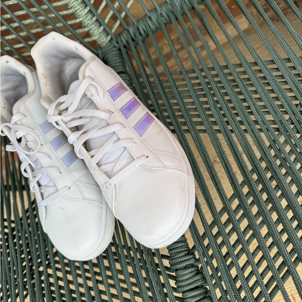 White Adidas Sneakers with Purple Stripes